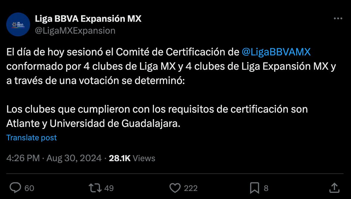 Comunicado de la Liga Expansión MX